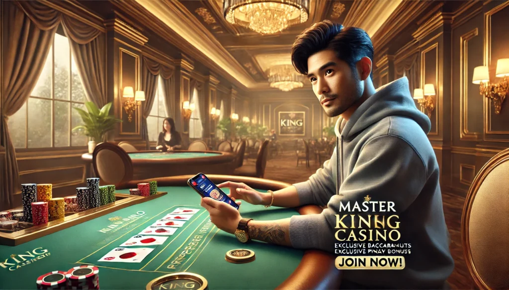 A Filipino player enjoying a baccarat game on a mobile device in an upscale gaming room. The elegant atmosphere features gold accents and a poker table in the background, with text promoting exclusive Pinoy bonuses and expert tips at King Casino.