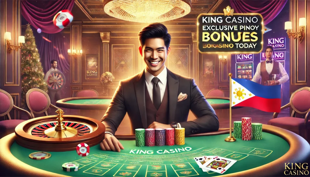 A Filipino player smiling confidently at a baccarat table after winning a hand in a luxurious casino setting. The King Casino branding is subtly visible in the background, with vibrant colors highlighting the excitement and elegance of the scene. The text promotes "Exclusive Pinoy Bonuses" and encourages viewers to "Join King Casino Today.