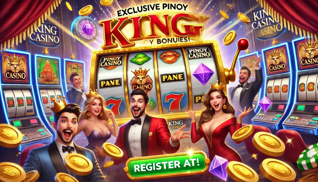 King Casino advertisement image showcasing a luxurious casino environment with slot machines displaying symbols like gold coins, sevens, and diamonds. Players are excitedly celebrating a big win. The ad promotes exclusive Pinoy bonuses and calls for players to register at King Casino. The scene is colorful, energetic, and engaging.