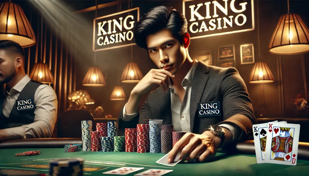 DALL·E 2024 10 30 15.16.35 A high quality 16 9 advertisement for King Casino promoting poker tournament strategies. The scene features a confident Filipino poker player at a pok