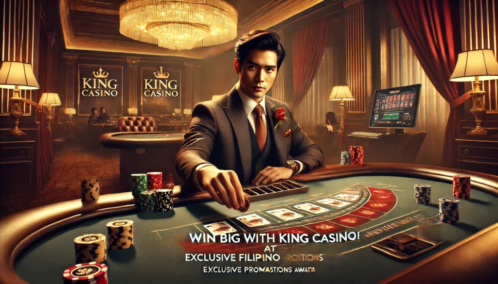 A Filipino player enjoying a baccarat game on a mobile device in an upscale gaming room. The elegant atmosphere features gold accents and a poker table in the background, with text promoting exclusive Pinoy bonuses and expert tips at King Casino.