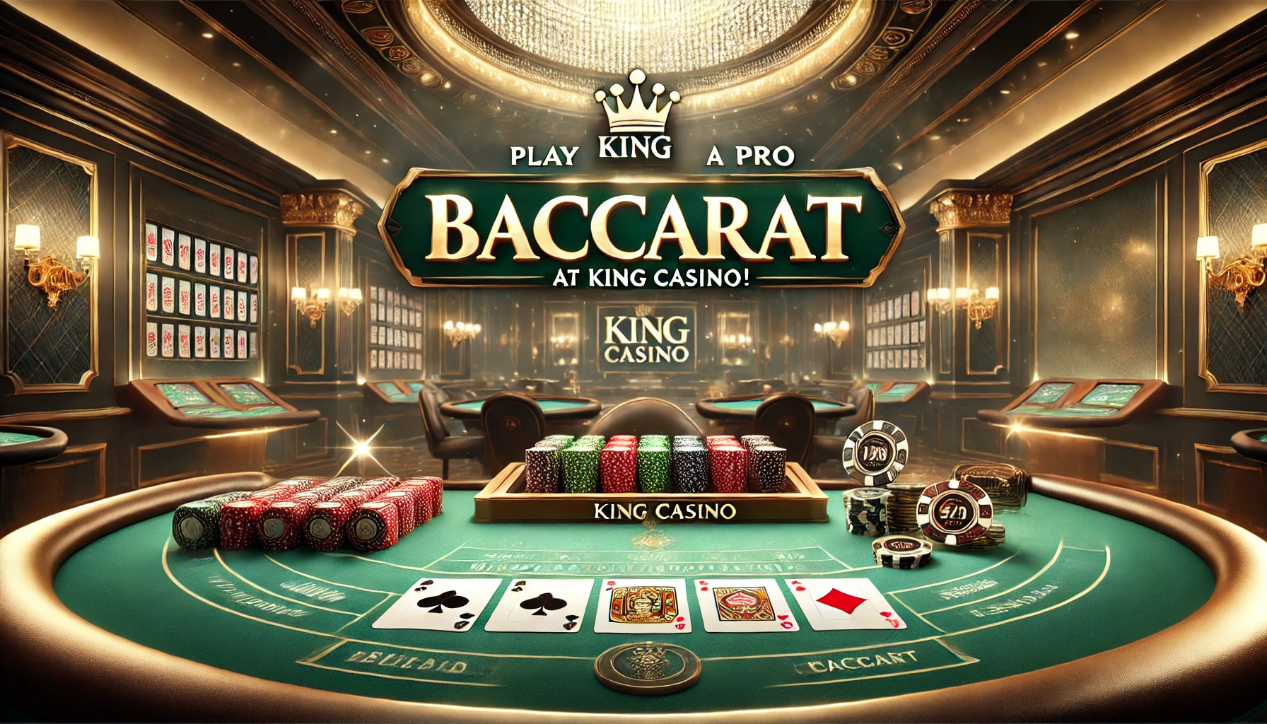 Close-up of a baccarat table with playing cards and stacks of chips, with the King Casino logo and the tagline 'Play Baccarat Like a Pro at King Casino!' in a sophisticated casino setting.