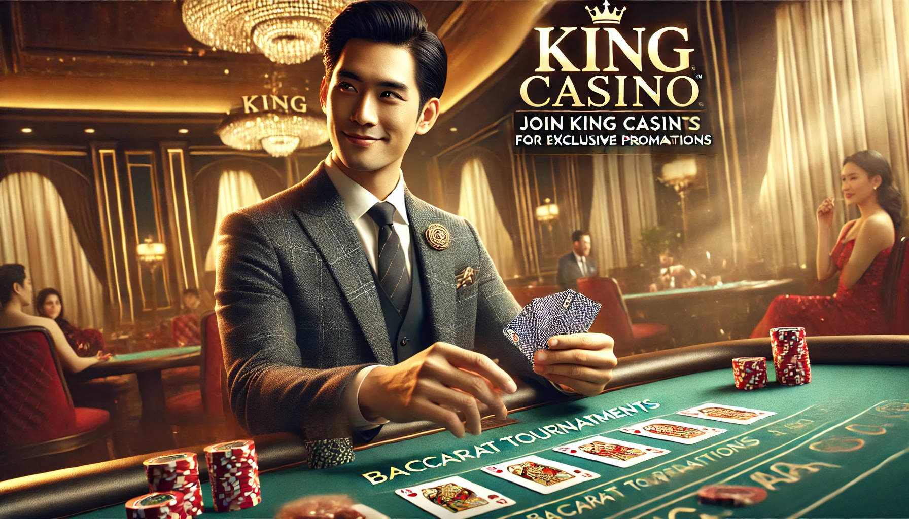 A stylish Filipino player concentrating on a baccarat game in a lavish casino environment. After a successful round, the player smiles with confidence. King Casino branding is visible, promoting "Baccarat Tournaments" and "Exclusive Promotions" in a professional and inviting atmosphere