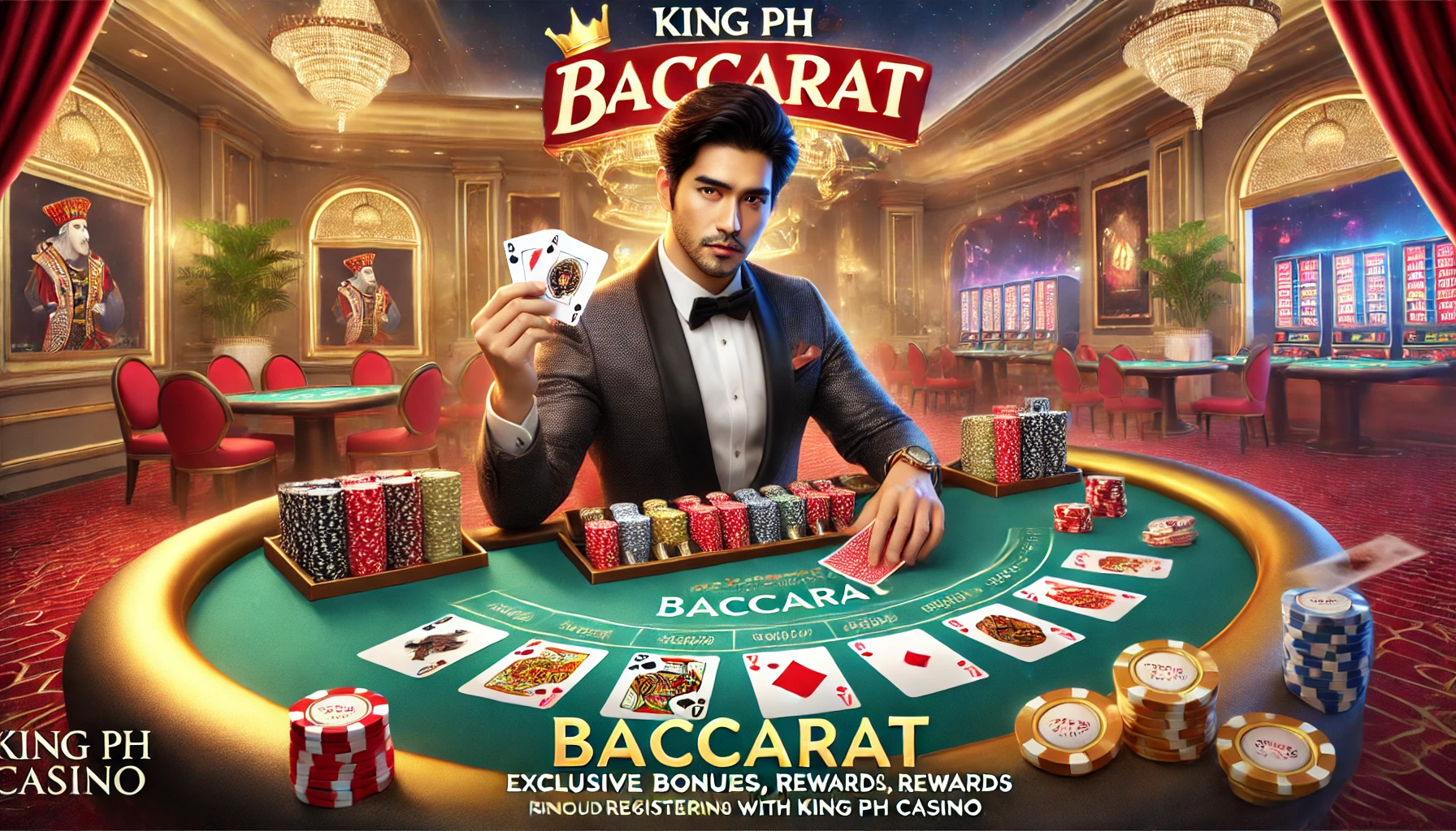 A Filipino player seated at a Baccarat table in a luxurious casino setting, holding cards mid-game. The table is surrounded by chips, and the King PH Casino logo is visible in the background, promoting exclusive bonuses and rewards. The image encourages players to register with King PH Casino to enjoy Baccarat.