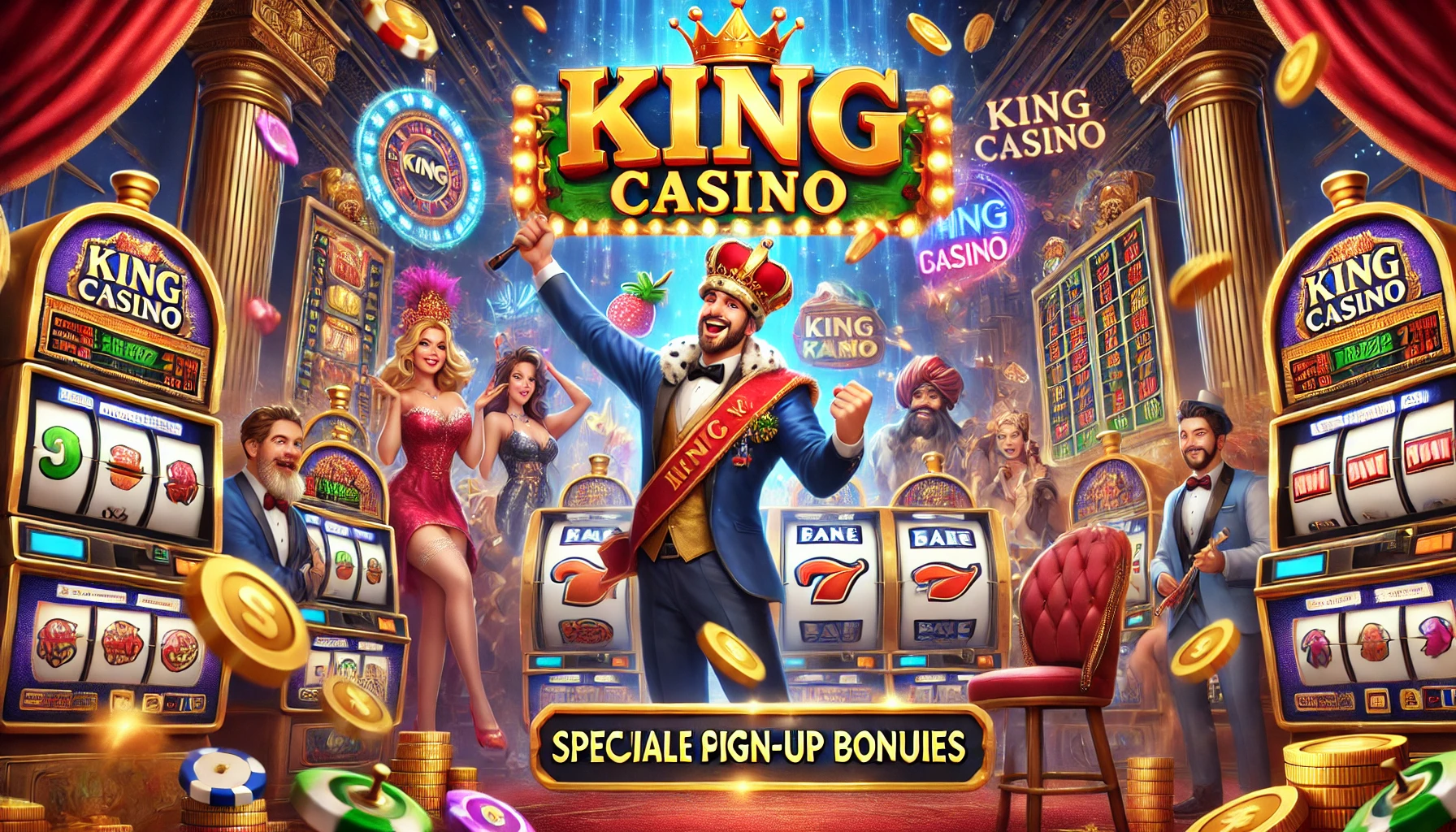 King Casino advertisement image showing a lively casino scene with players celebrating a jackpot win on slot machines. The background features vibrant slot machines with symbols like fruits, sevens, and bars. The ad highlights exclusive Pinoy bonuses, inviting players to sign up and play, creating a luxurious and exciting atmosphere.