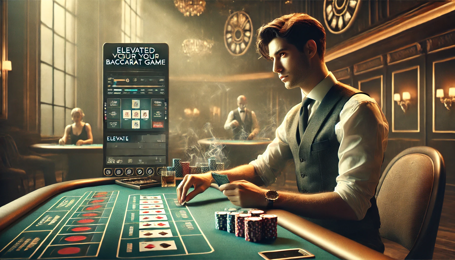 A 16:9 advertising image featuring a realistic depiction of a person focused on playing Baccarat in a luxury casino setting. The individual is carefully handling cards and chips, with an expression of concentration that highlights the high-stakes atmosphere. The product text, “King Casino: Elevate Your Baccarat Game,” is displayed in a sophisticated font, emphasizing the elite gaming experience. The natural lighting and authentic casino details create a realistic, immersive environment.